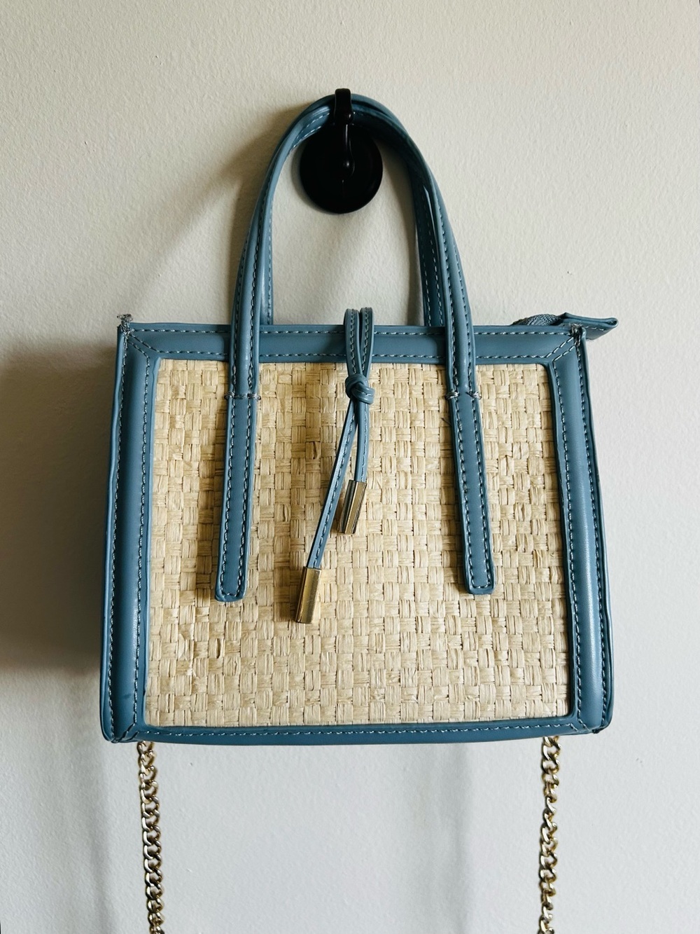 Zara Contrast Mini City Bag, woven exterior panel framed by smooth faux leather